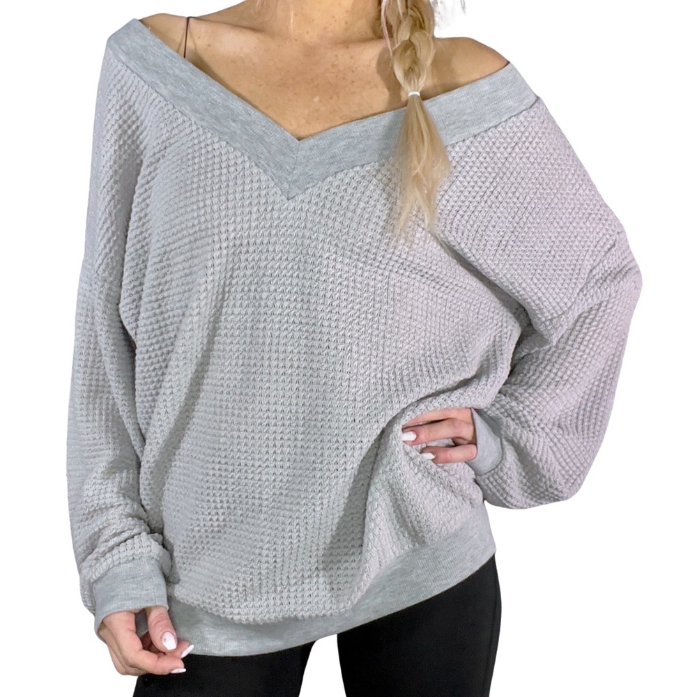 Long Bell Sleeve Waffle‎ Knit V-Neck Sweater